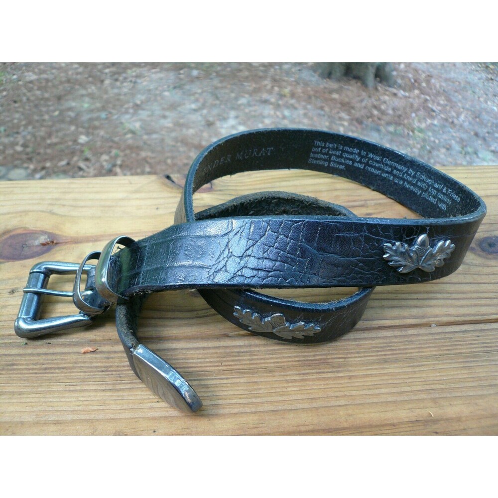 Ender Murat Womens Belt Black Cowhide Oak Leaf Acorn Sterling Silver Plated